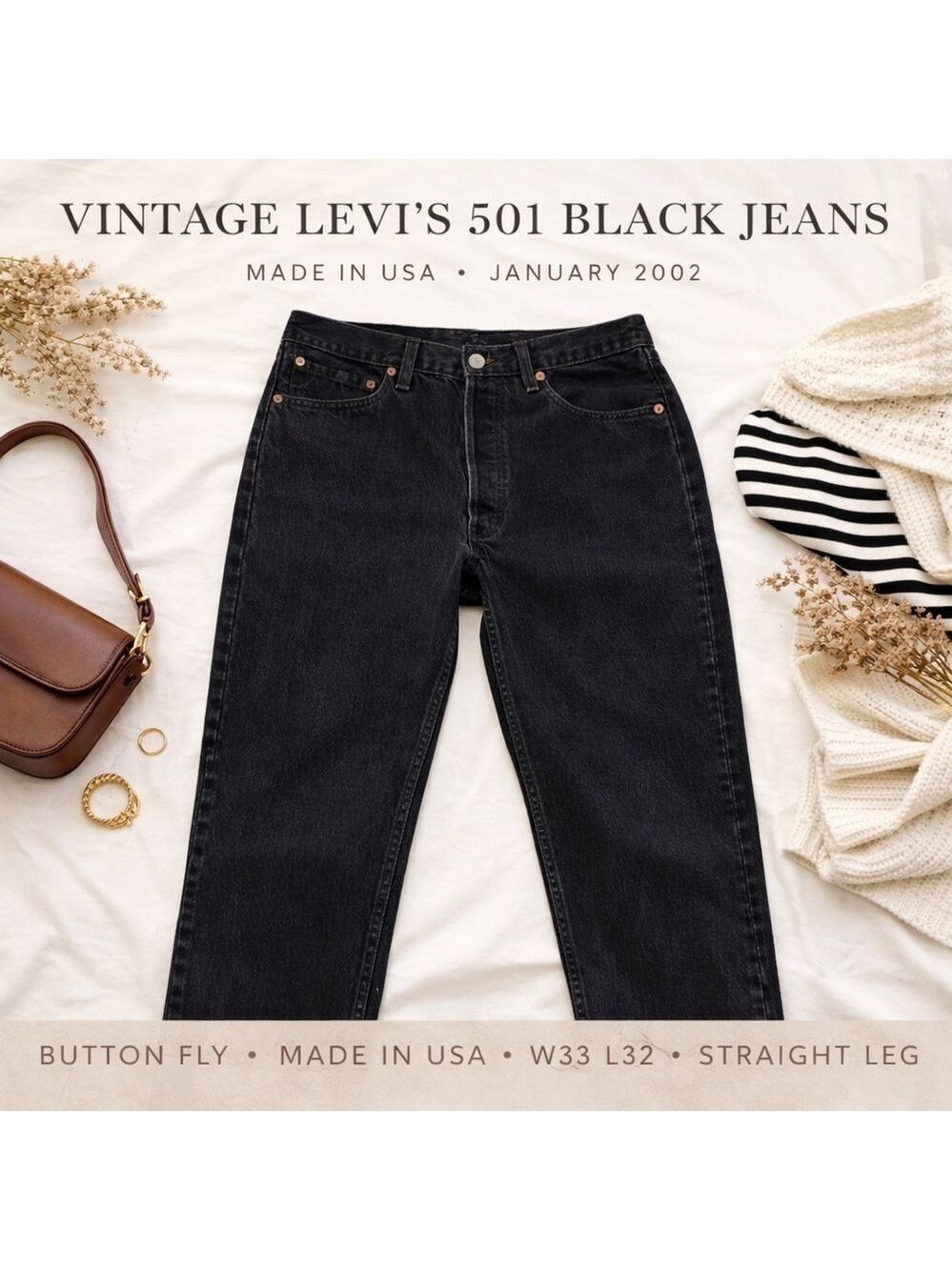 Vintage Levi’s 501 Black Jeans W33 L32 Button Fly Made in USA 2002